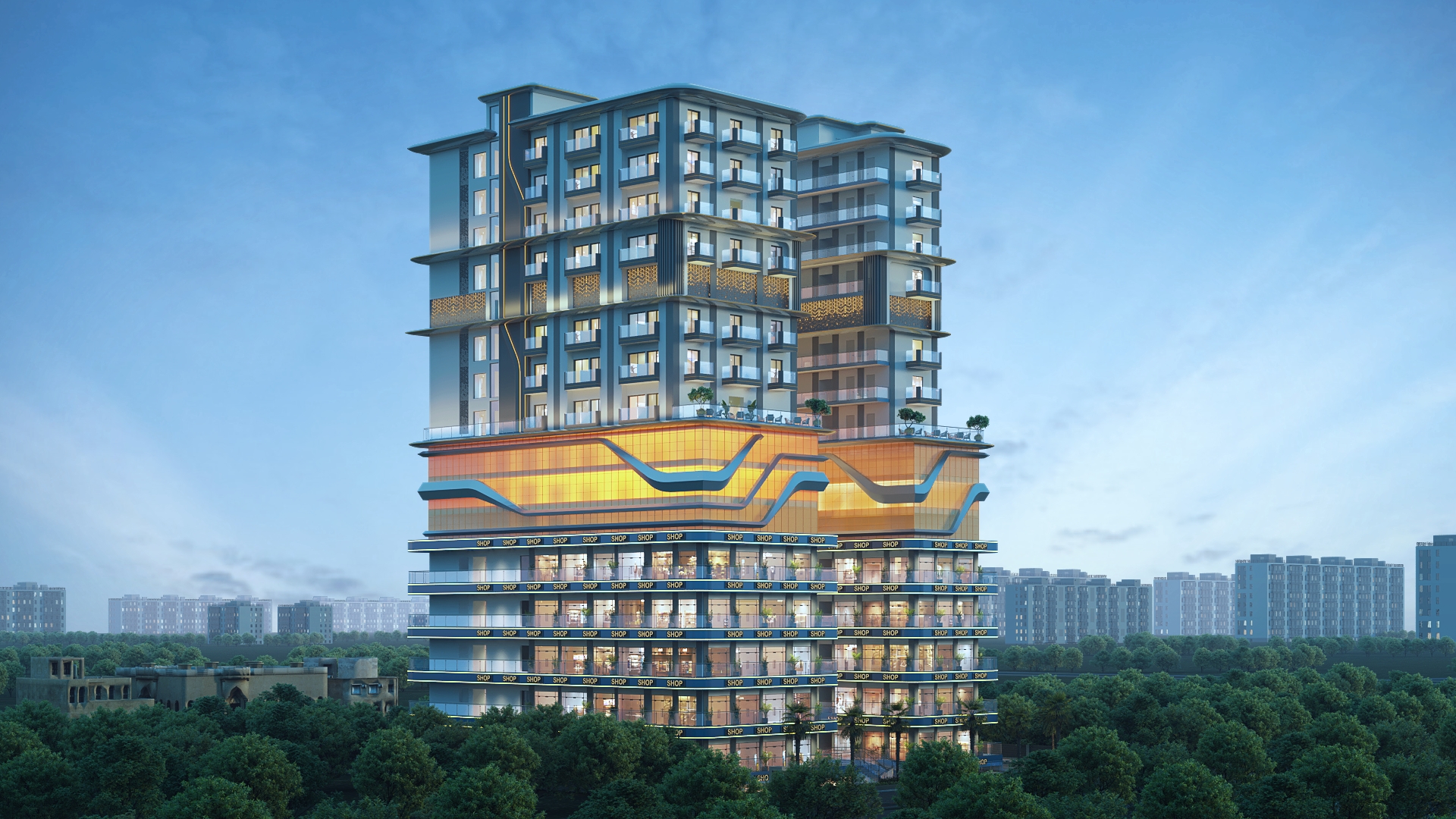 Delta Square - Night Left Elevation